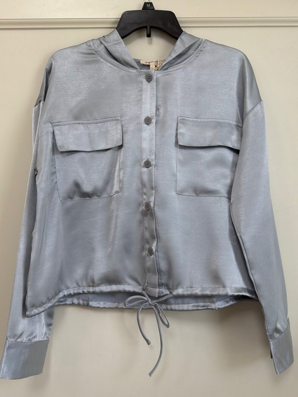 Mystree Silver Blue Hooded Satin Shacket Button-Down Drawstring NWT Size M